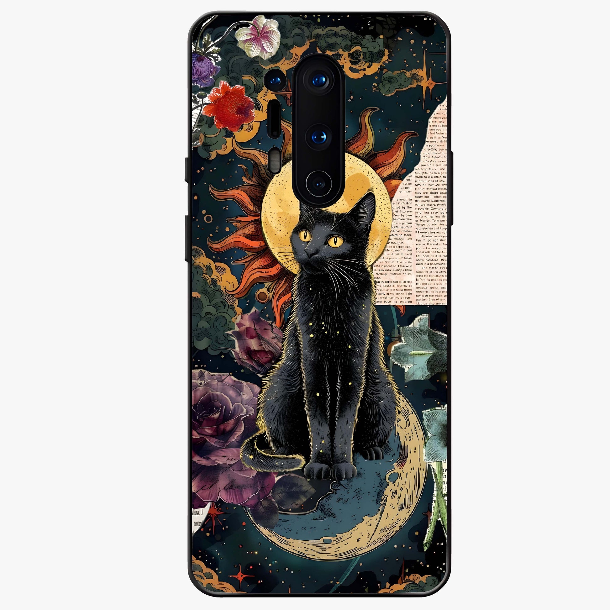 Celestial Black Cat Glass Case showing flat back view with mystical black cat artwork and glossy glass finish.