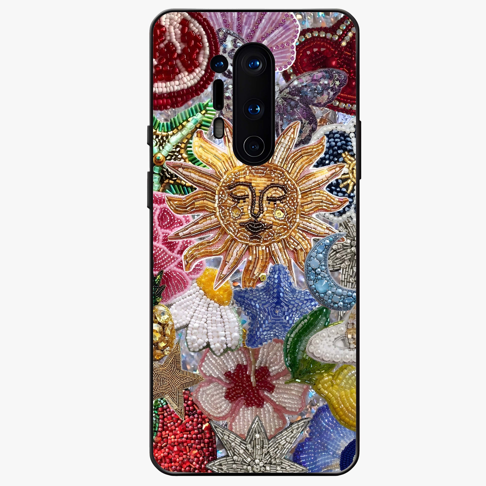 Celestial Floral and Playful Glass Case showing flat back view with floral and celestial themed artwork and glossy glass finish.