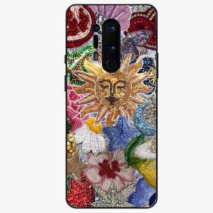 Celestial Floral and Playful Glass Case showing flat back view with floral and celestial themed artwork and glossy glass finish.
