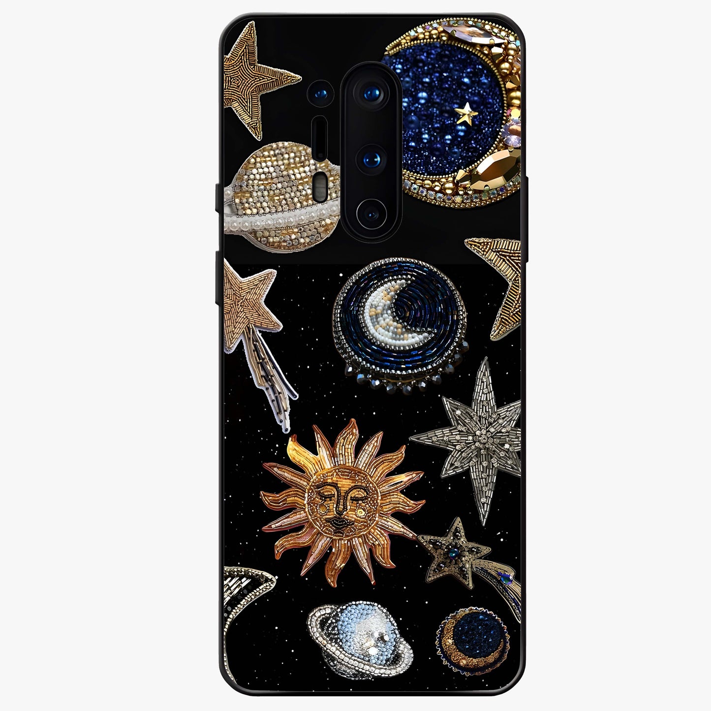 Celestial Gem Constellations Glass Case showing flat back view with sparkling constellation artwork and glossy glass finish.