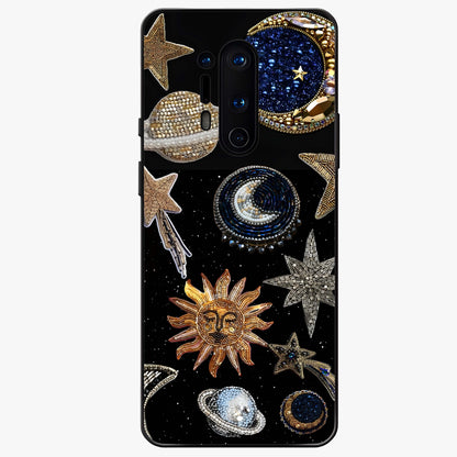 Celestial Gem Constellations Glass Case showing flat back view with sparkling constellation artwork and glossy glass finish.