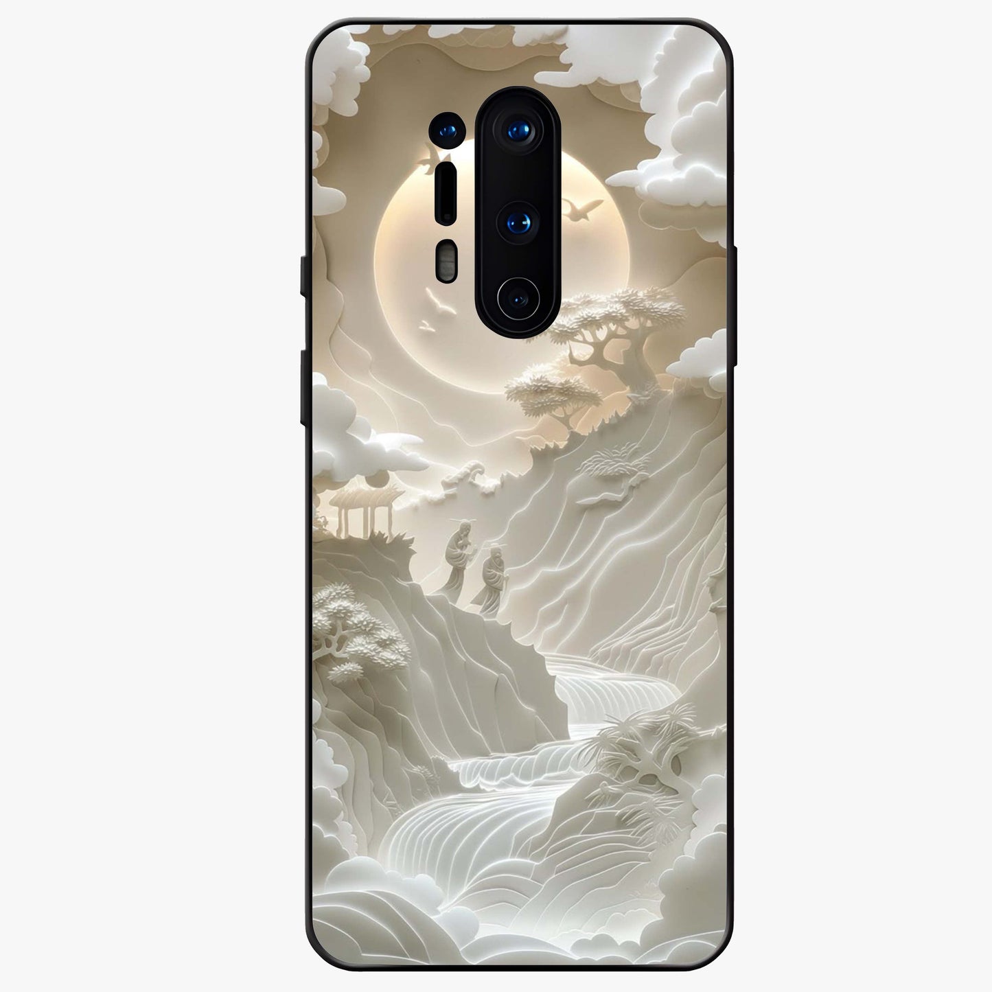 Celestial Origami Glass Case showing flat back view with artistic origami inspired celestial artwork and glossy glass finish.