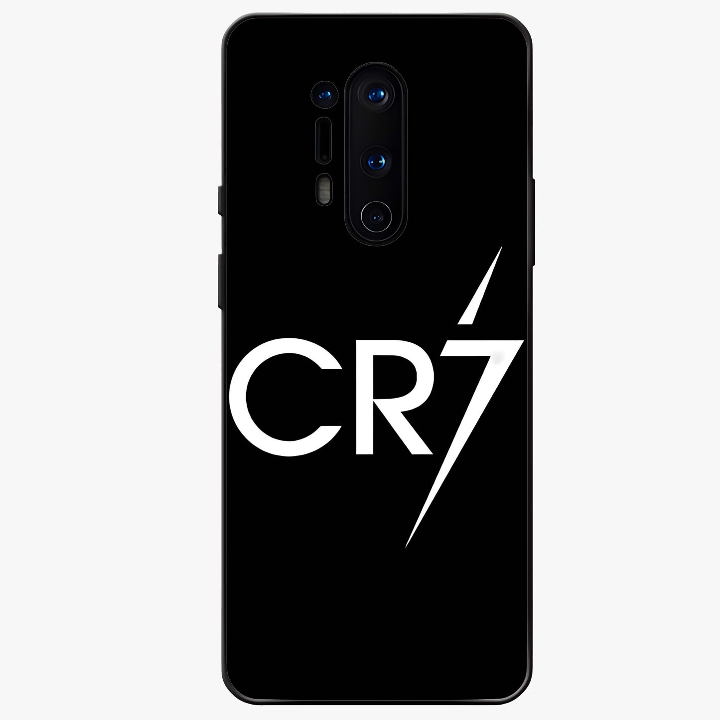 Cr7 Elite Strike Glass Case showing flat back view with dynamic football inspired artwork and glossy glass finish.
