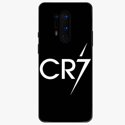 Cr7 Elite Strike Glass Case showing flat back view with dynamic football inspired artwork and glossy glass finish.