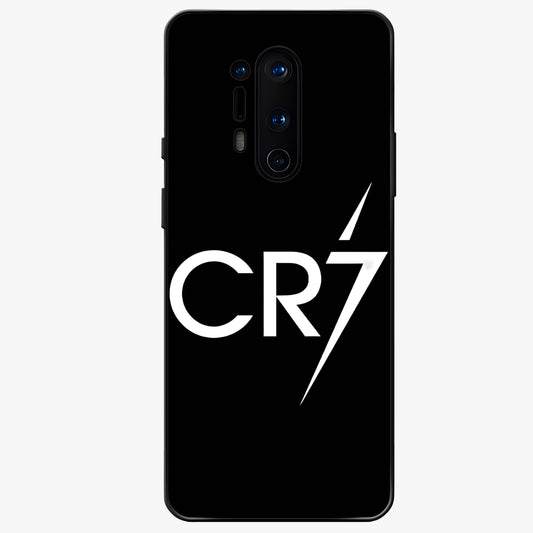 Cr7 Elite Strike Glass Case showing flat back view with dynamic football inspired artwork and glossy glass finish.