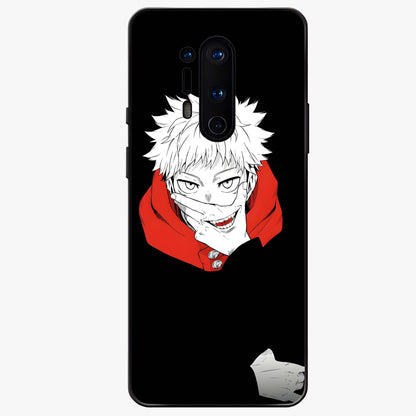 Crimson Chaos Smile Glass Case showing flat back view with bold chaotic smile artwork and glossy glass finish.