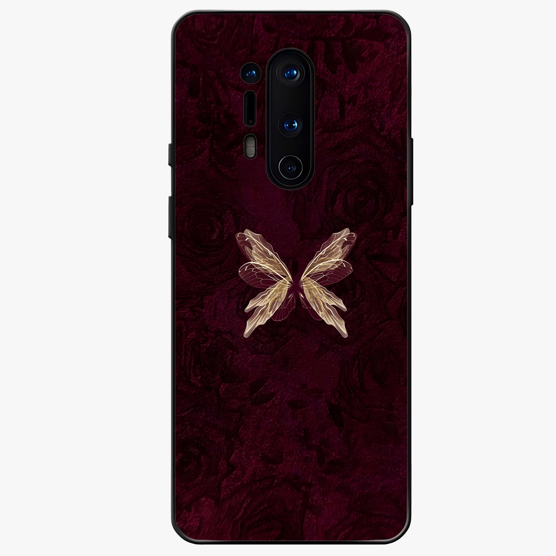 Crimson Fade Butterfly Glass Case showing flat back view with fading butterfly artwork and glossy glass finish.