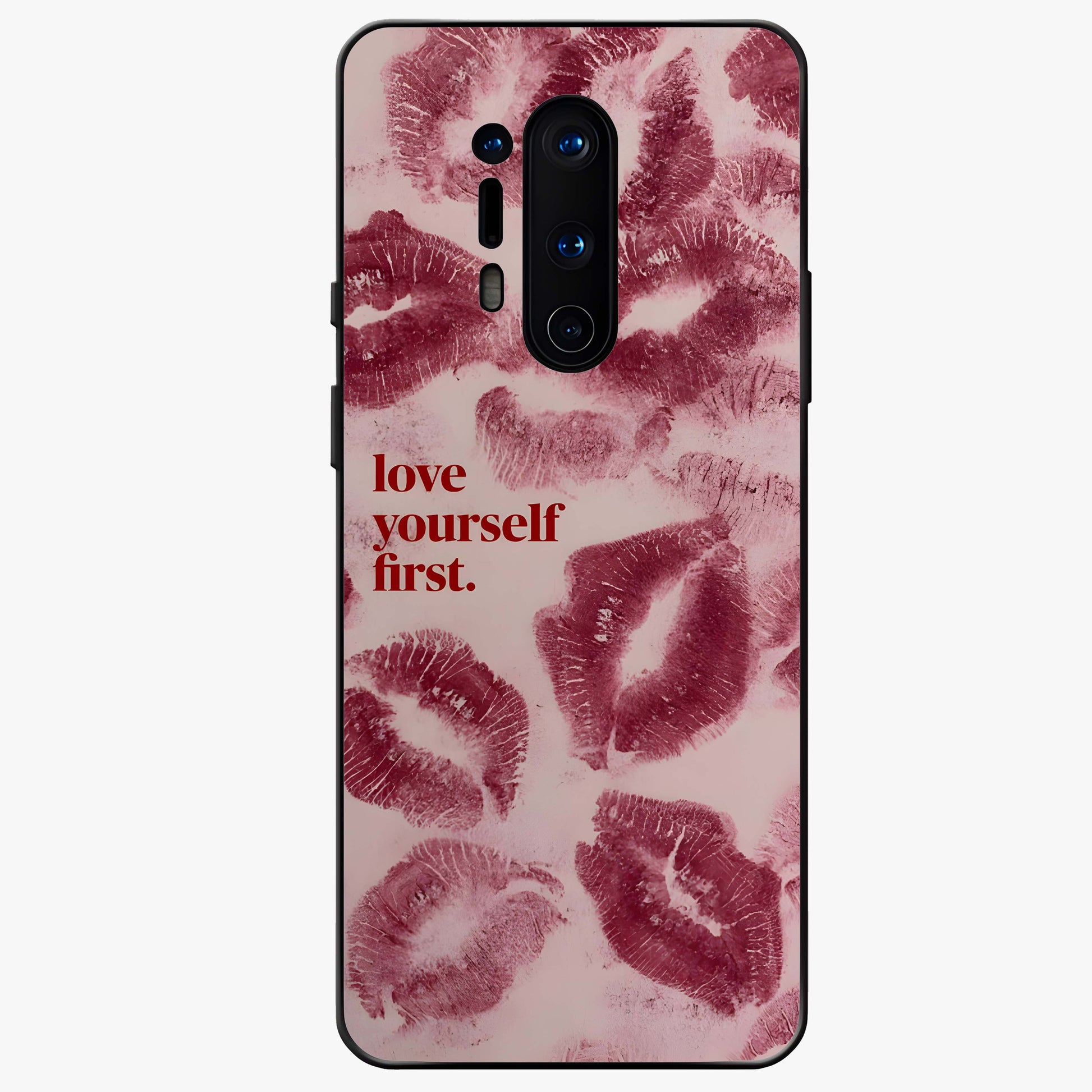 Crimson Kiss Love Glass Case showing flat back view with romantic crimson themed artwork and glossy glass finish.