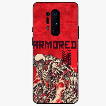 Crimson Mecha Titan Glass Case showing flat back view with powerful mech titan artwork and glossy glass finish.