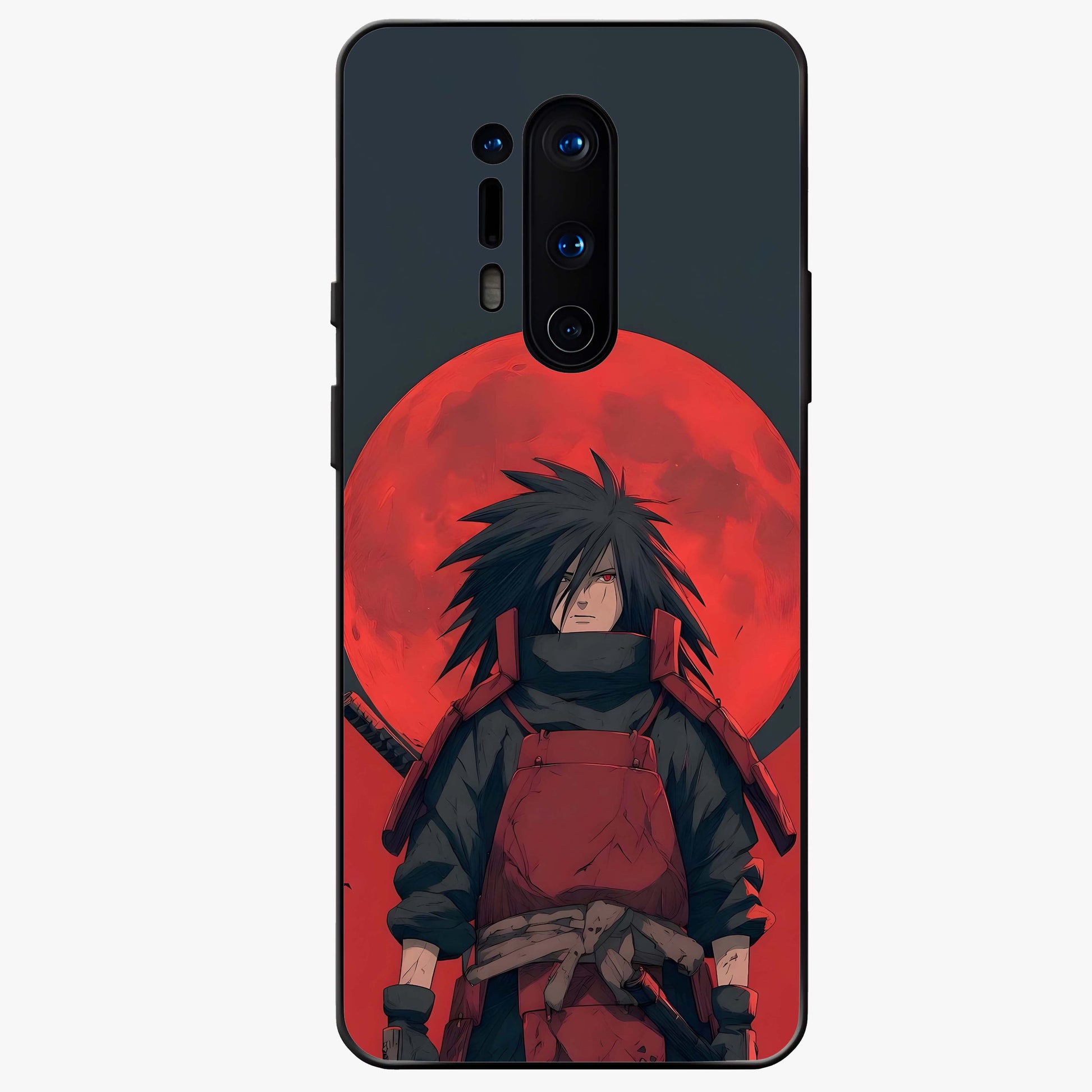 Crimson Moon Warlord Glass Case showing flat back view with mystical moon warrior artwork and glossy glass finish.