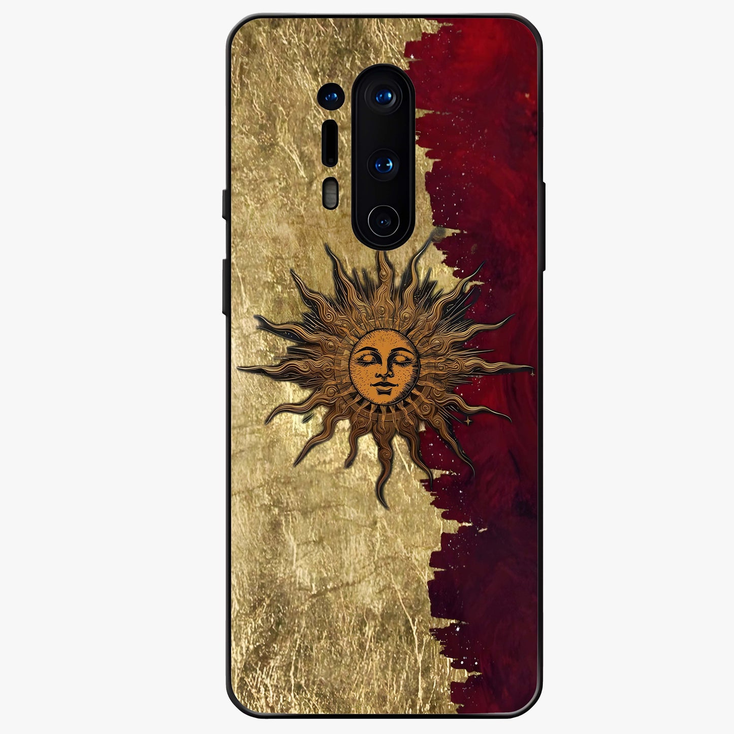 Crimson Sun Majesty Glass Case showing flat back view with radiant sun inspired artwork and glossy glass finish.