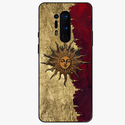 Crimson Sun Majesty Glass Case showing flat back view with radiant sun inspired artwork and glossy glass finish.