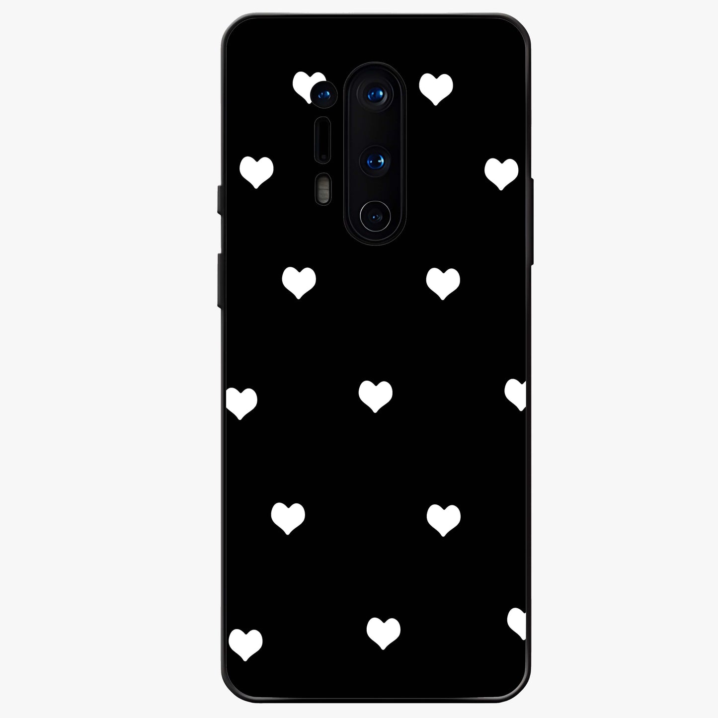 Cute And Simple White Hearts Glass Case showing flat back view with minimal white heart pattern and glossy glass finish.