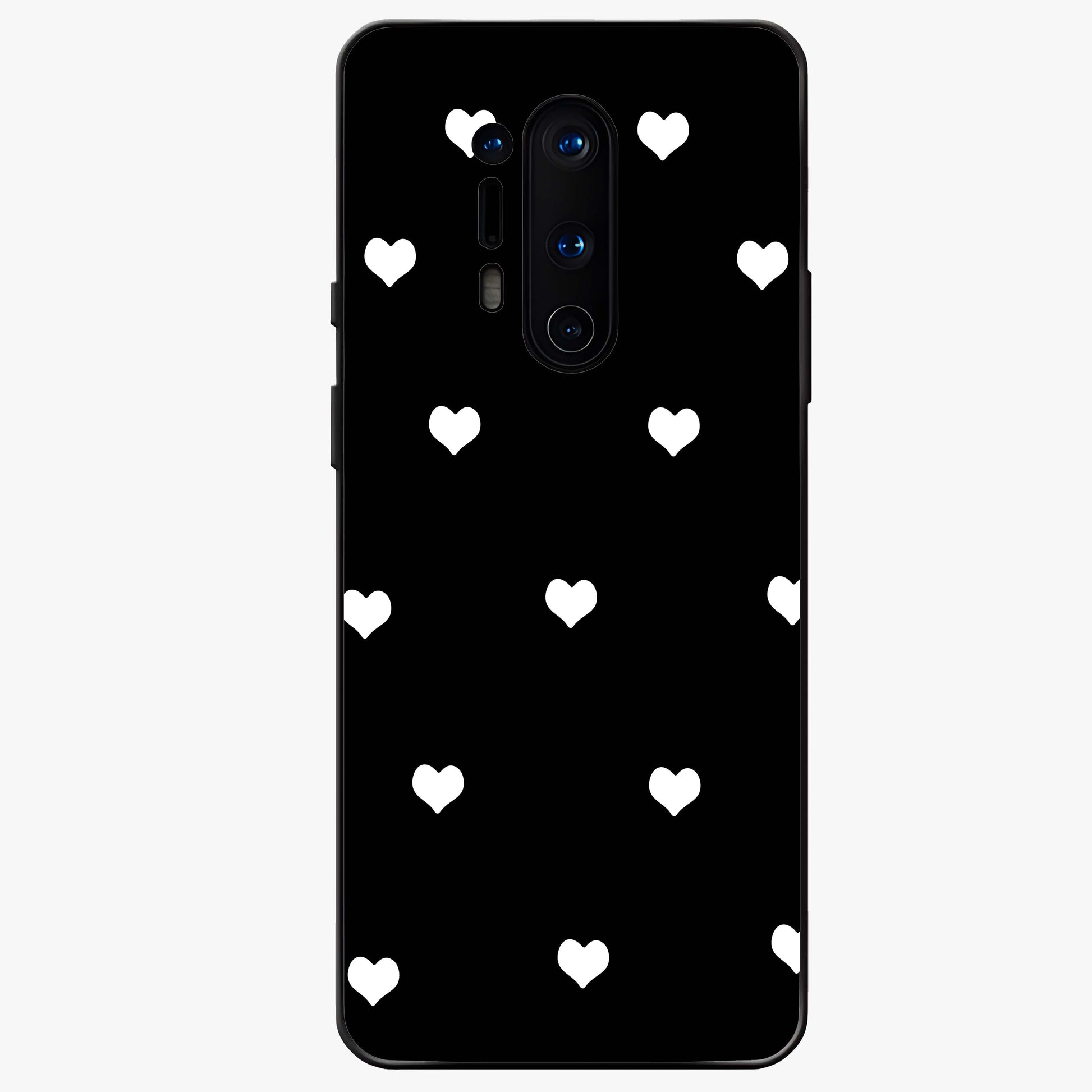 Cute And Simple White Hearts Glass Case showing flat back view with minimal white heart pattern and glossy glass finish.
