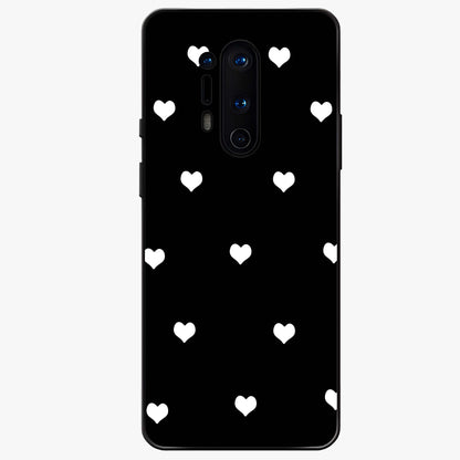 Cute And Simple White Hearts Glass Case showing flat back view with minimal white heart pattern and glossy glass finish.