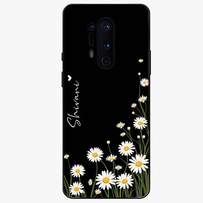 Daisy Cascade Custom Name Glass Case showing flat back view with cascading daisy flowers and personalized name design.