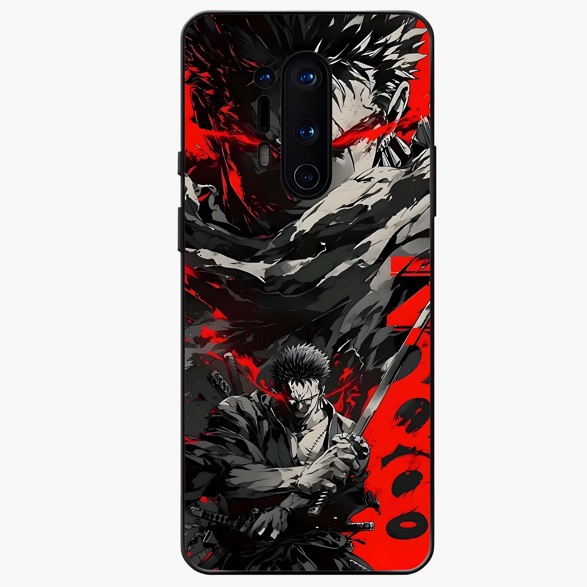 Demon Sword Resolve Glass Case showing flat back view with fierce sword warrior artwork and glossy glass finish.