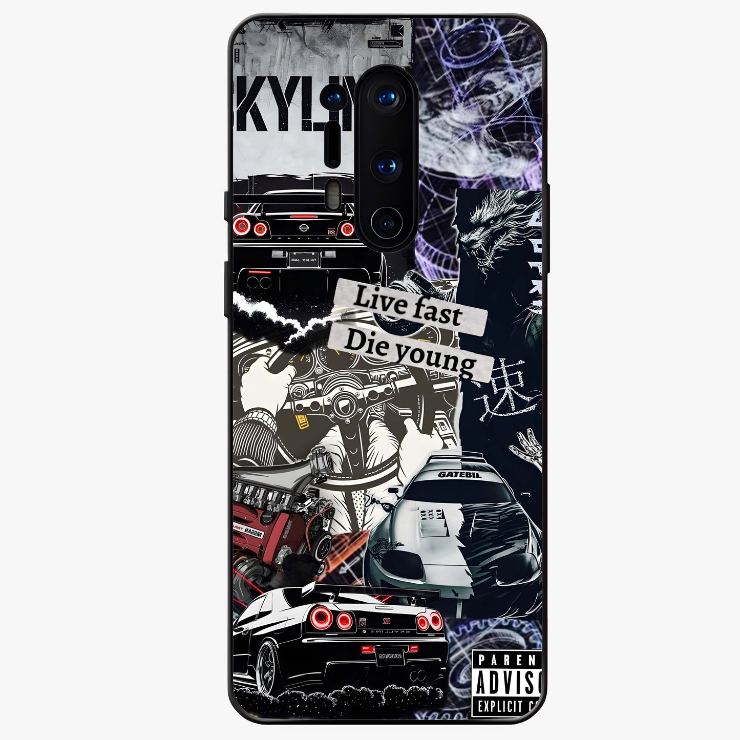 Die Young Glass Case showing flat back view with bold artistic typography design and glossy glass finish.