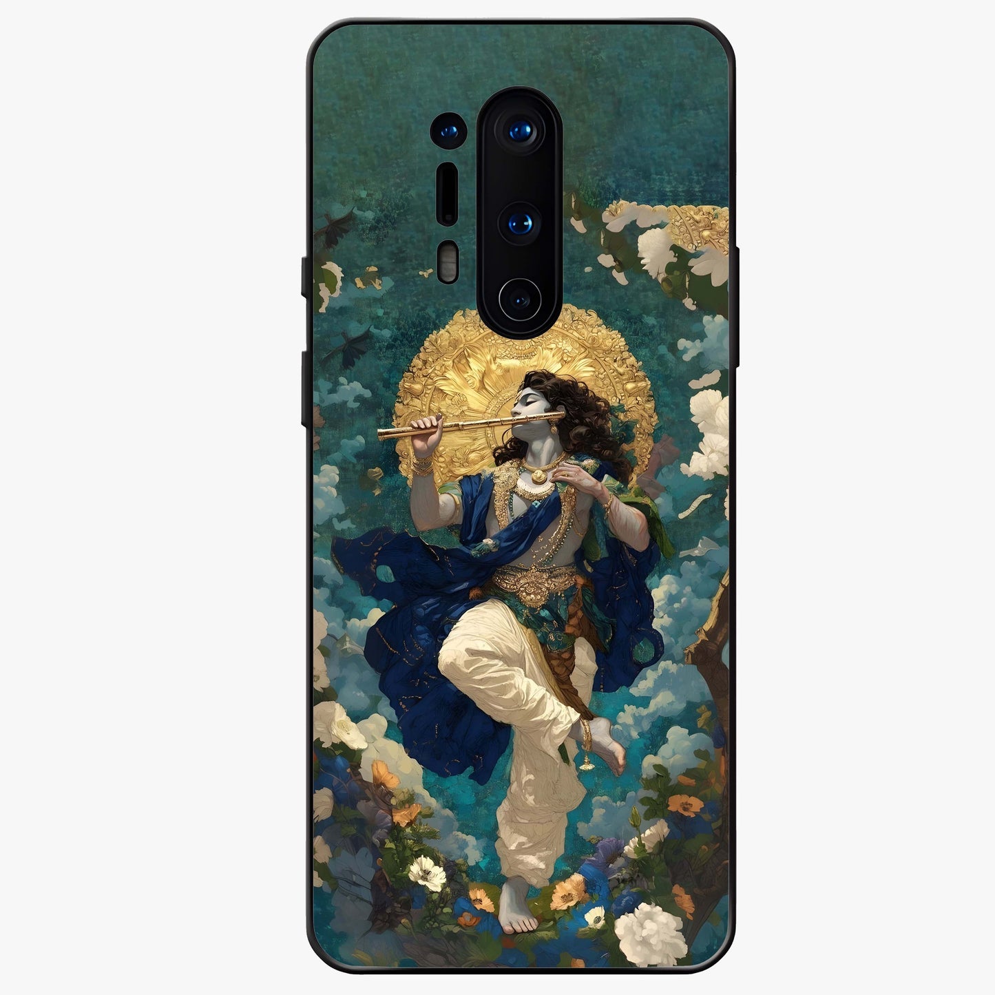 Divine Krishna Art Glass Case showing flat back view with Lord Krishna artwork and glossy glass finish.