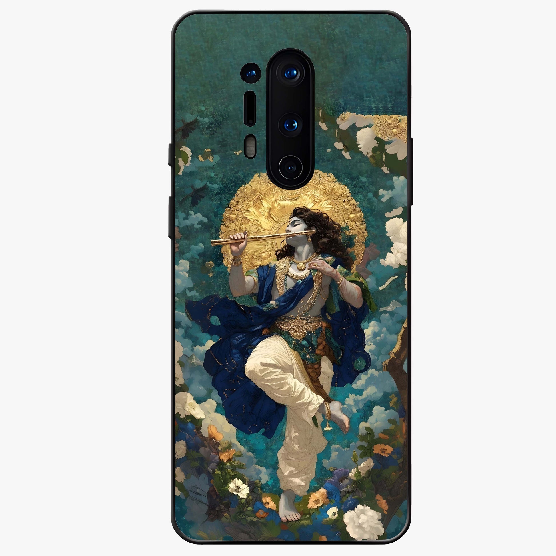 Divine Krishna Art Glass Case showing flat back view with Lord Krishna artwork and glossy glass finish.