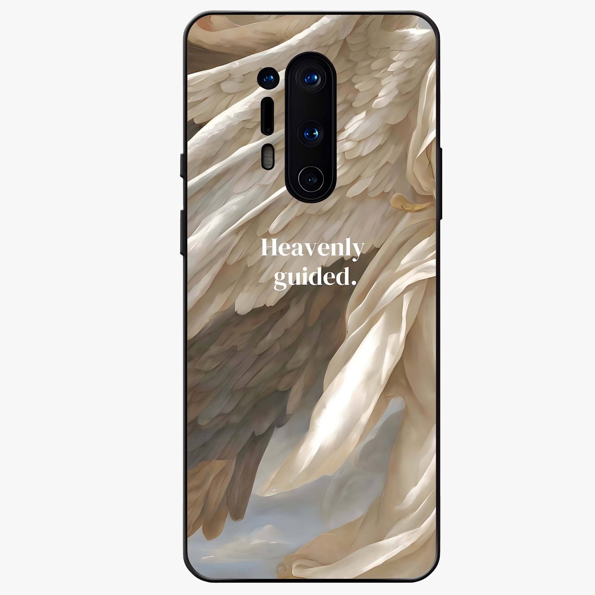 Divine Winged Grace Glass Case showing flat back view with elegant wing inspired artwork and glossy glass finish.