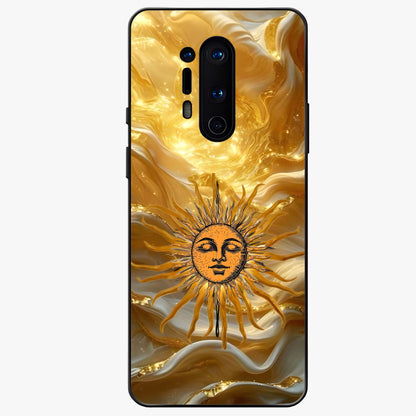 Eternal Golden Glow Glass Case showing flat back view with radiant golden themed artwork and glossy glass finish.