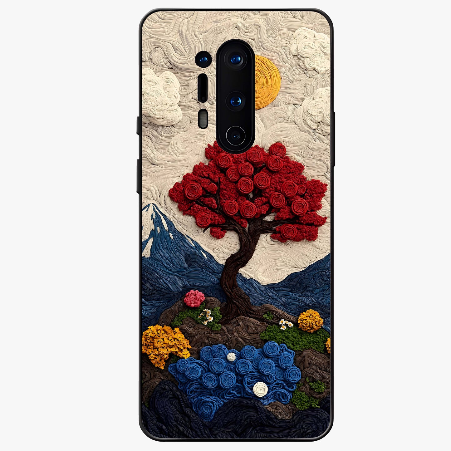 Eternal Nature Tapestry Glass Case showing flat back view with intricate nature tapestry artwork and glossy glass finish.