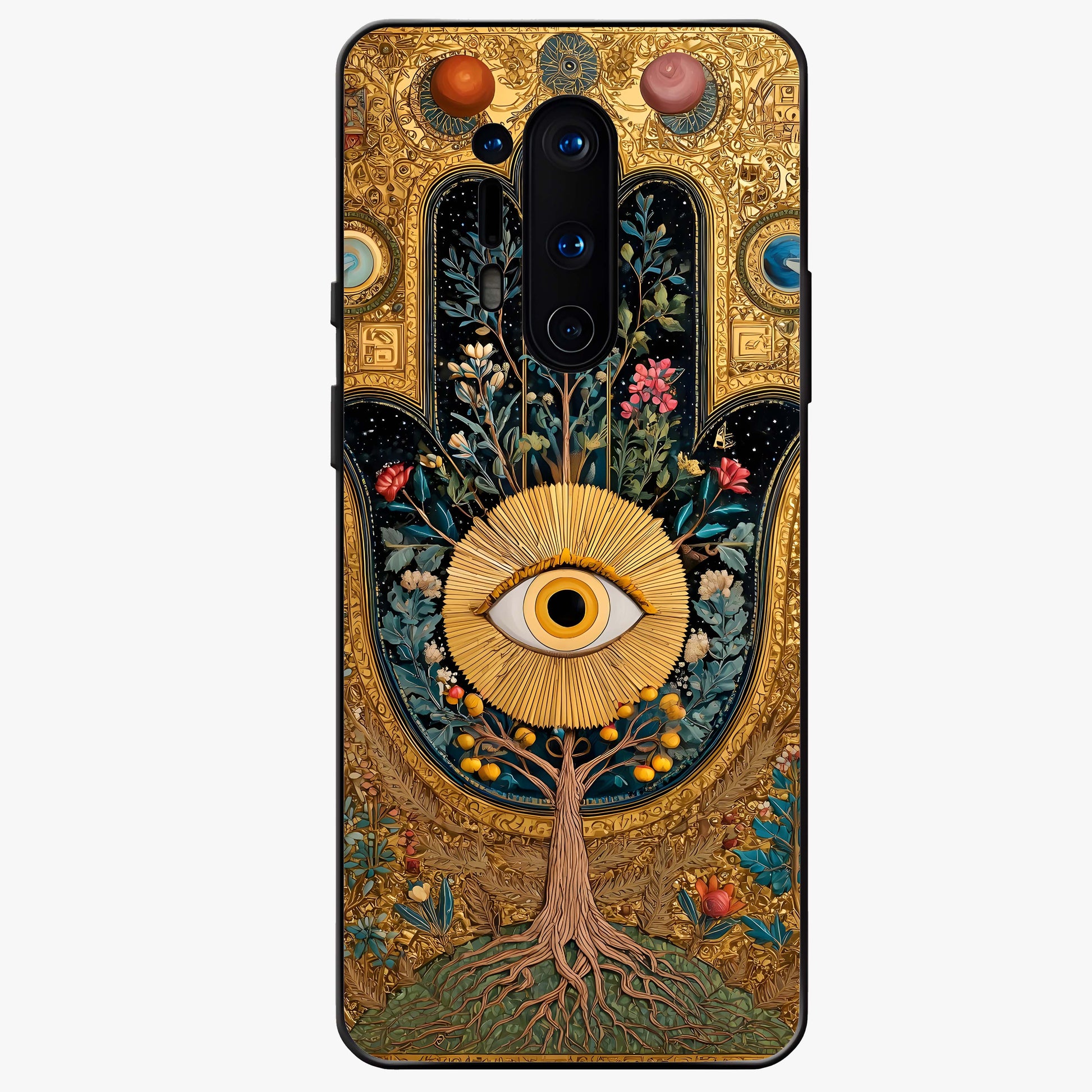 Ethereal Evil Eye Glass Case showing flat back view with mystical evil eye artwork and glossy glass finish.