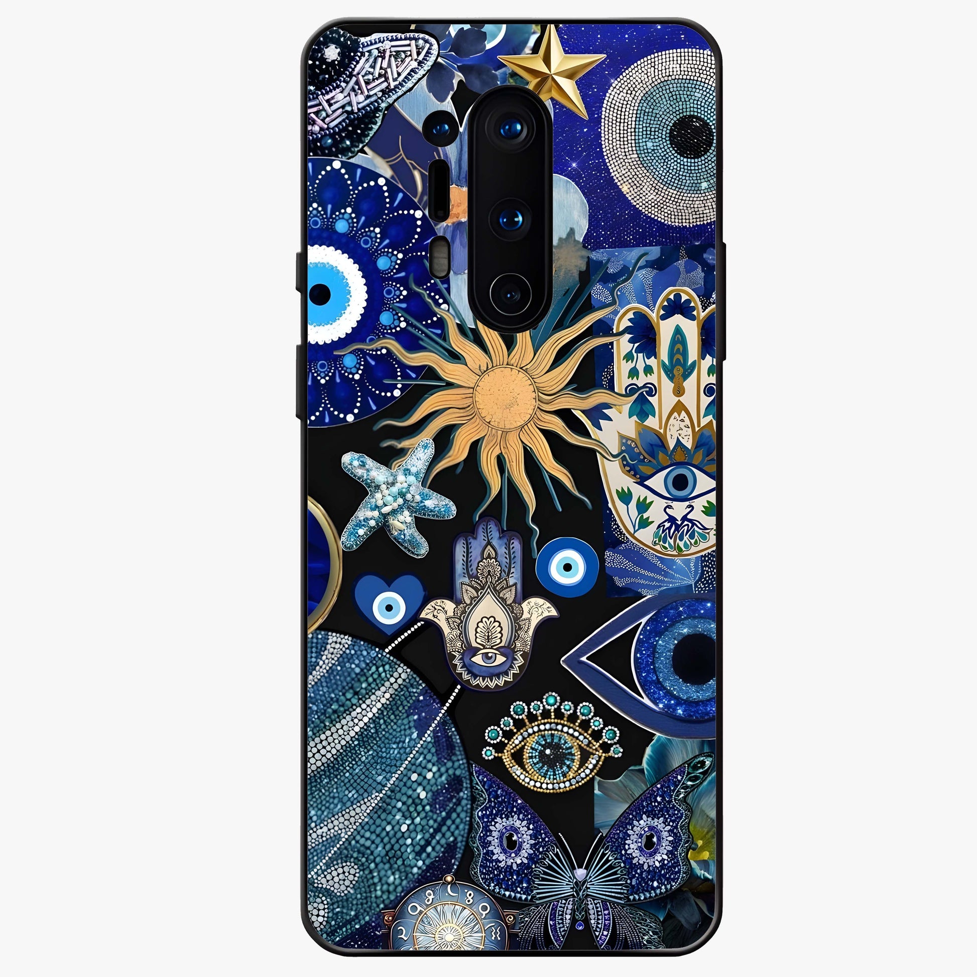 Evil Eye Charm Mix Glass Case showing flat back view with multiple evil eye charms artwork and glossy glass finish.