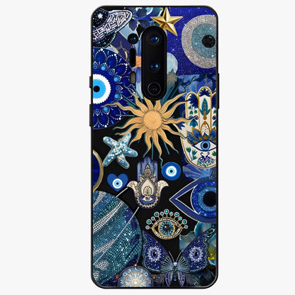 Evil Eye Charm Mix Glass Case showing flat back view with multiple evil eye charms artwork and glossy glass finish.