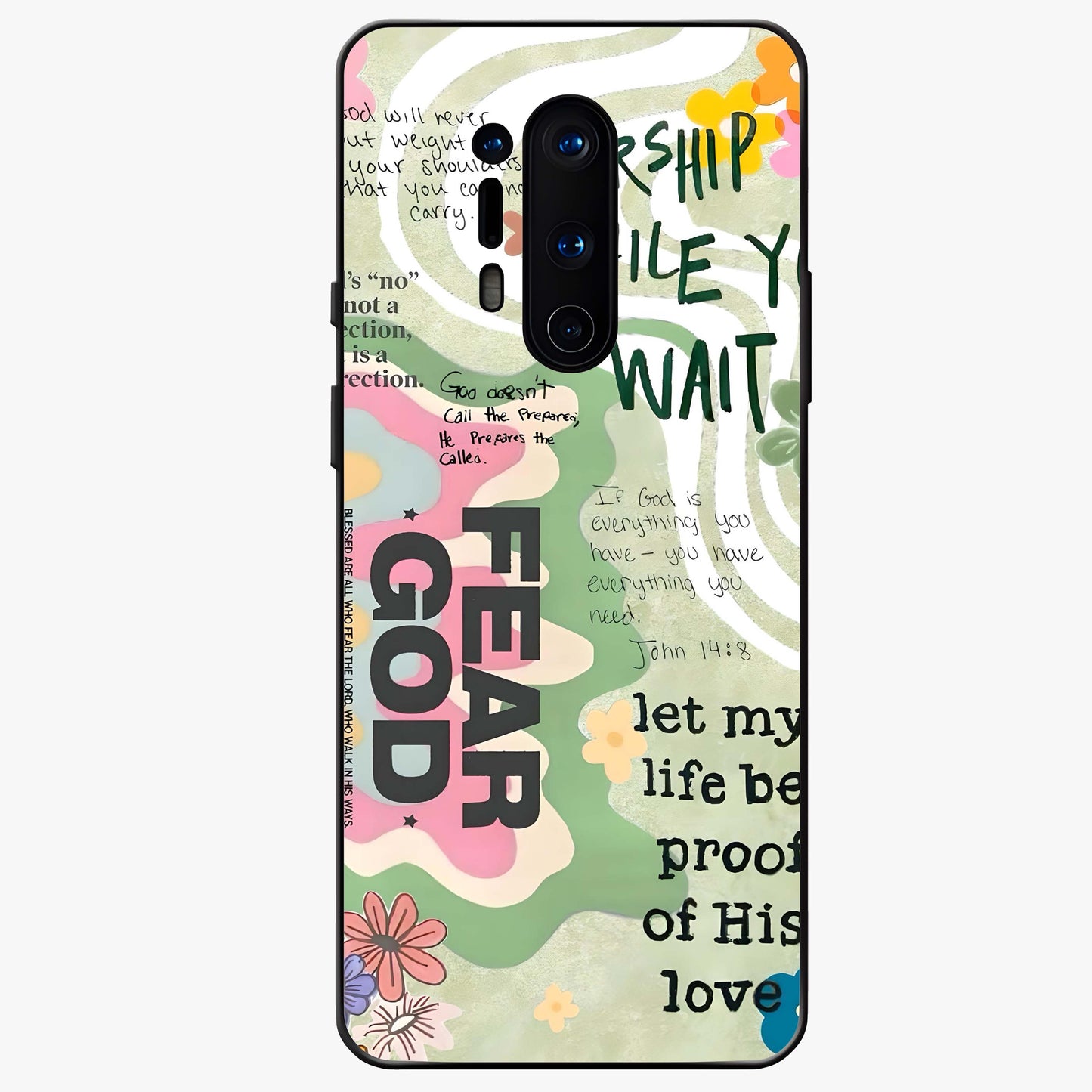 Faith Over Fear Glass Case showing flat back view with motivational typography artwork and glossy glass finish.