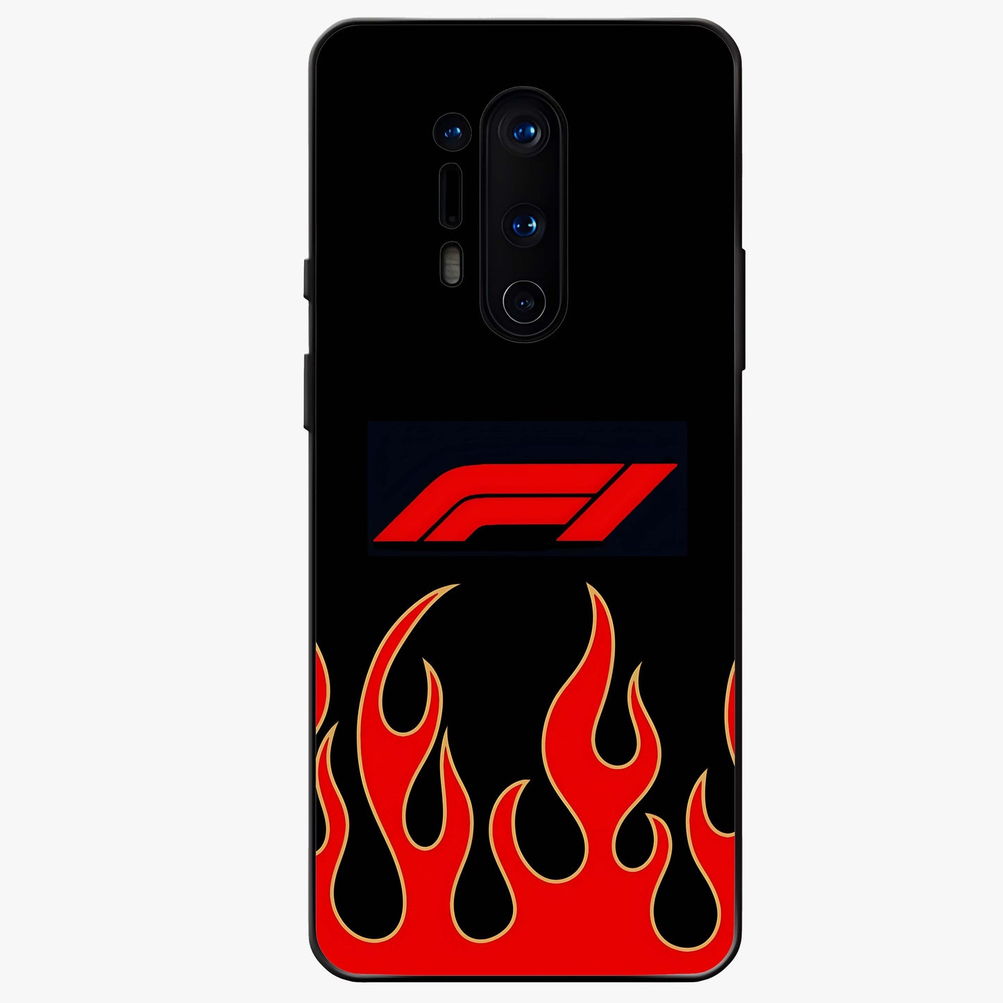 Fire F11 Glass Case showing flat back view with fiery themed artwork and glossy glass finish.