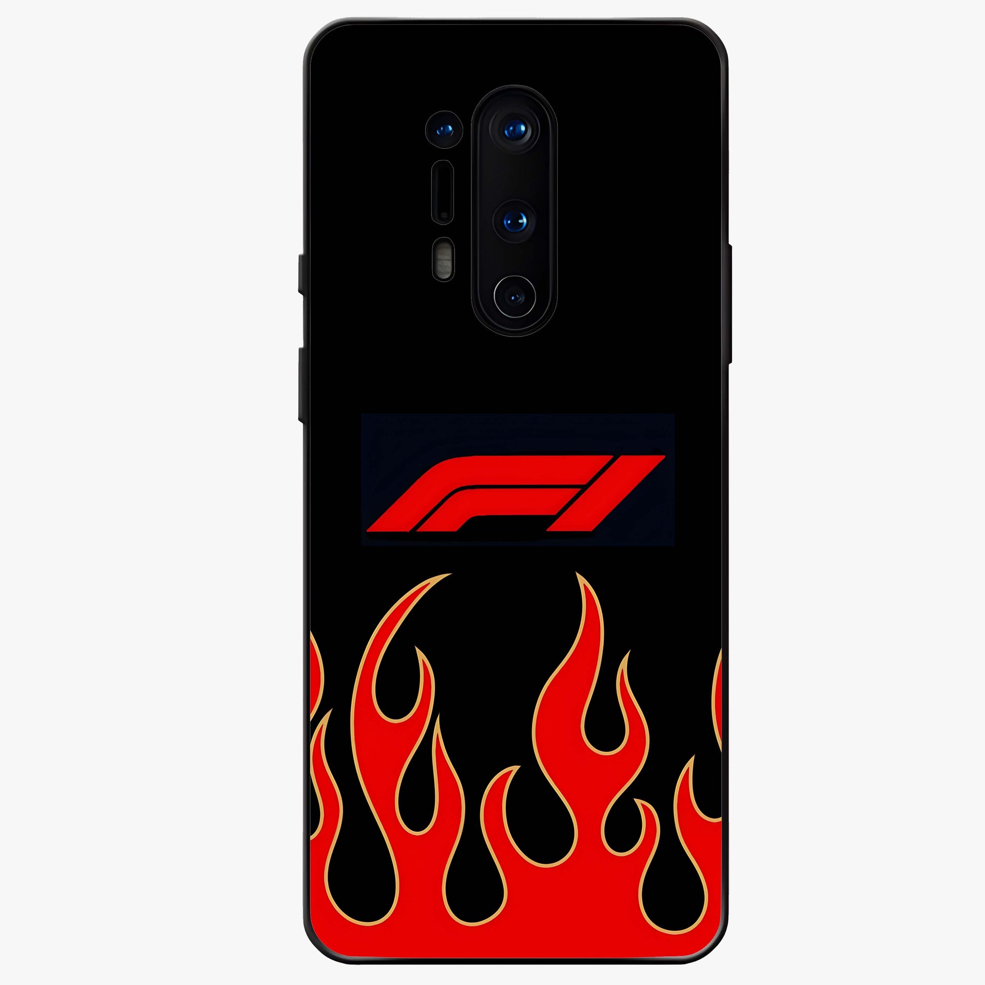 Fire F11 Glass Case showing flat back view with fiery themed artwork and glossy glass finish.