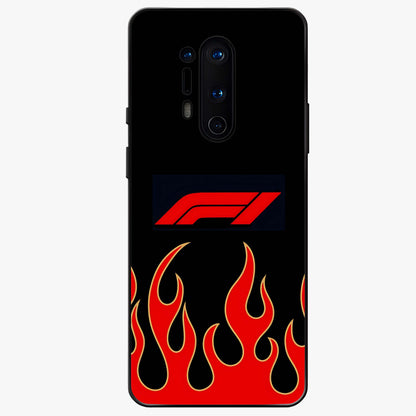 Fire F11 Glass Case showing flat back view with fiery themed artwork and glossy glass finish.