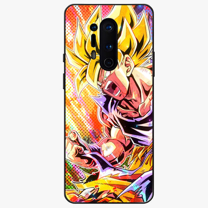 Firing Goku Glass Case showing flat back view with powerful anime inspired artwork and glossy glass finish.