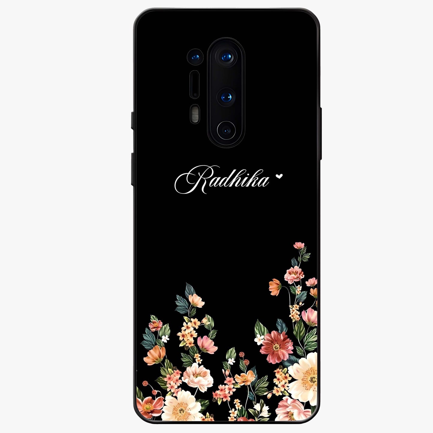 Floral Design With a Custom Personalized Name Glass Case showing flat back view with floral artwork and personalized name design.