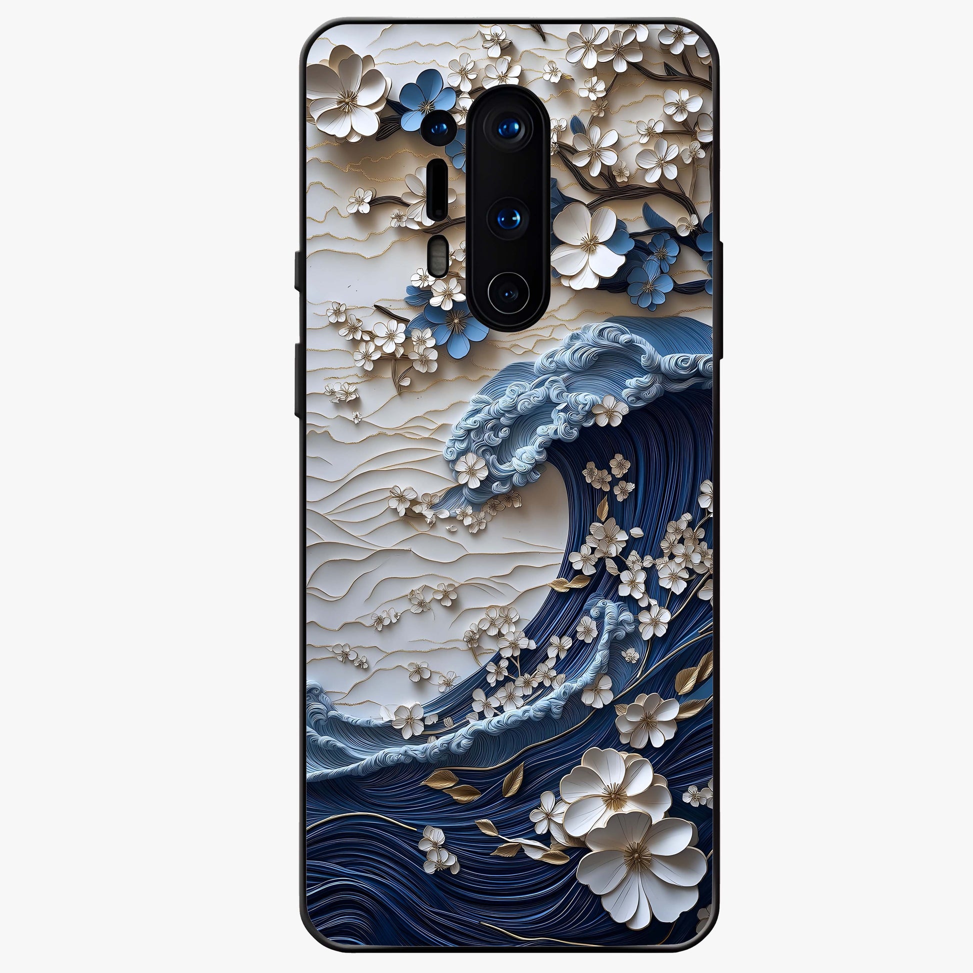 Floral Wave Origami Glass Case showing flat back view with origami inspired floral wave artwork and glossy glass finish.