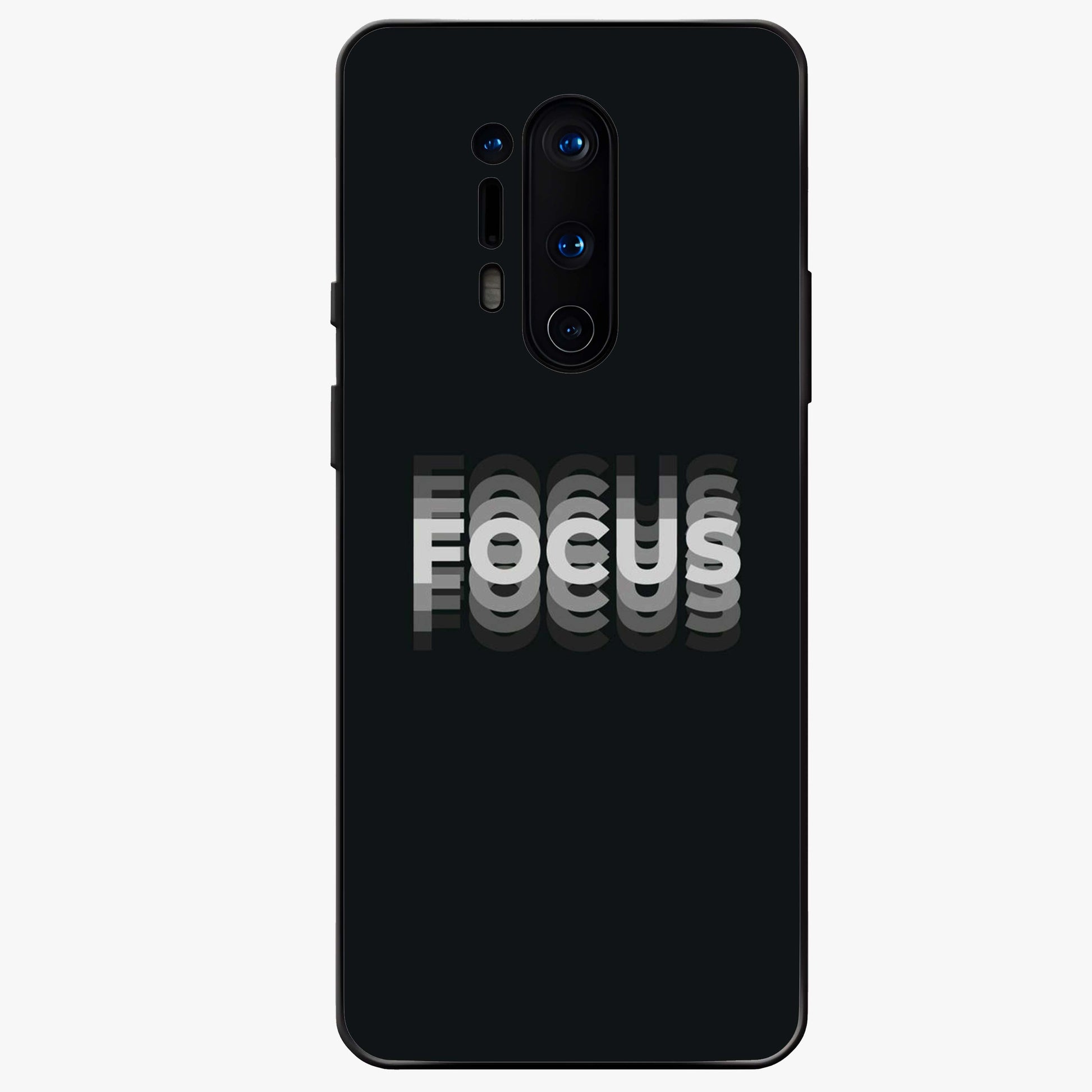 Focus Mode On Glass Case showing flat back view with bold motivational typography design and glossy glass finish.