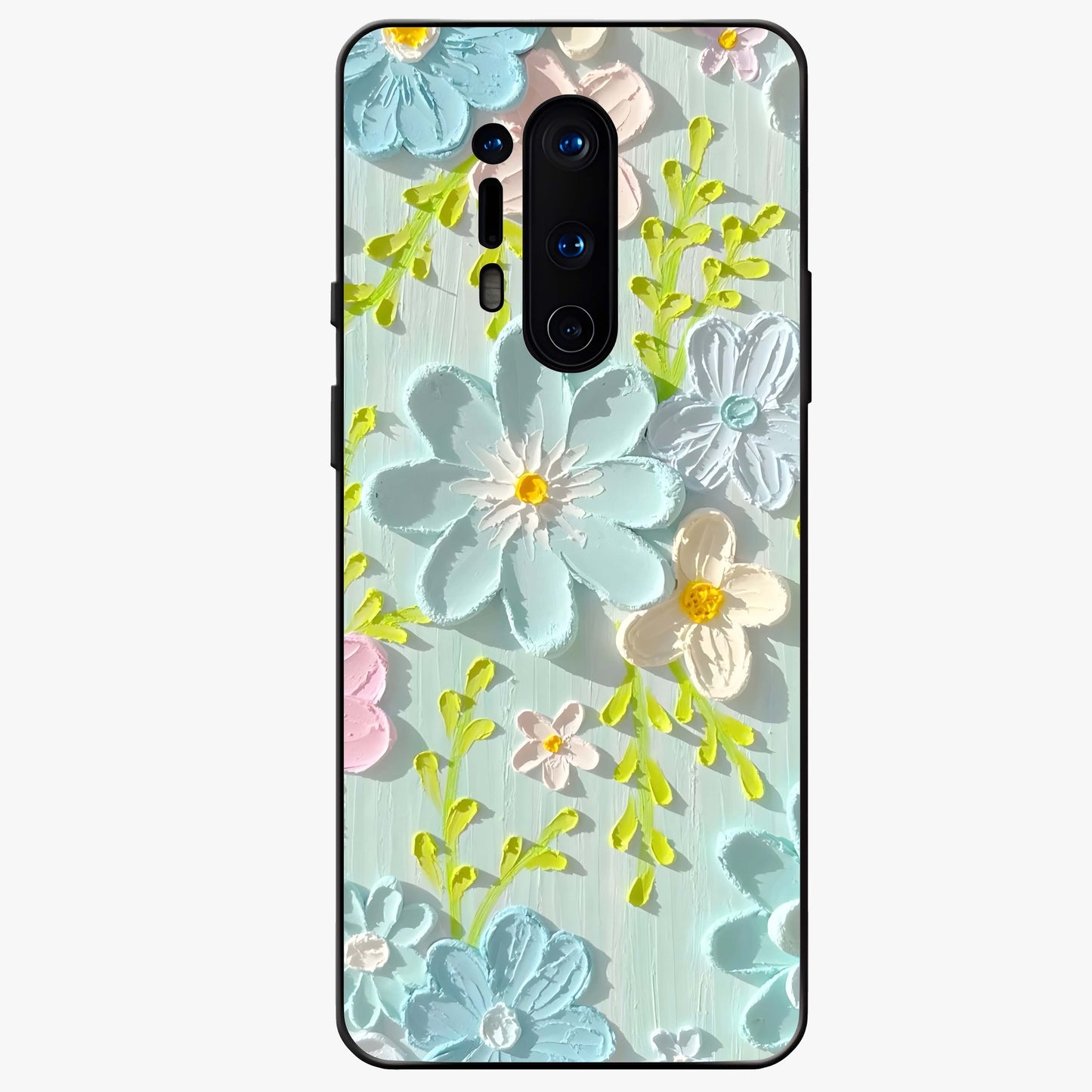 Frosted Petal Garden Glass Case showing flat back view with soft frosted floral artwork and glossy glass finish.