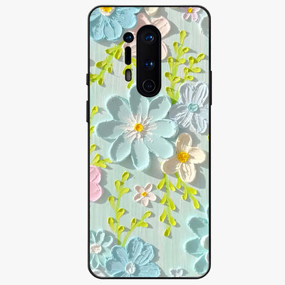 Frosted Petal Garden Glass Case showing flat back view with soft frosted floral artwork and glossy glass finish.