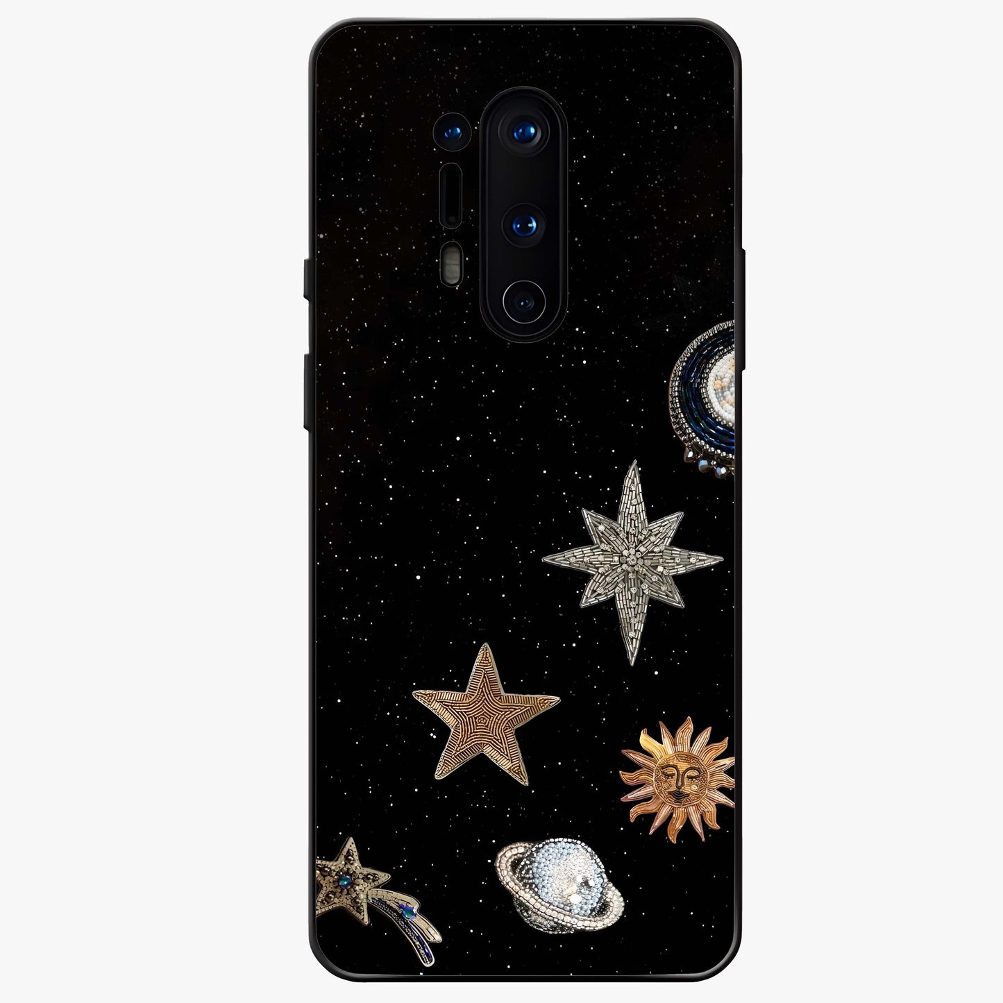 Galactic Charm Glow Glass Case showing flat back view with glowing celestial charm artwork and glossy glass finish.