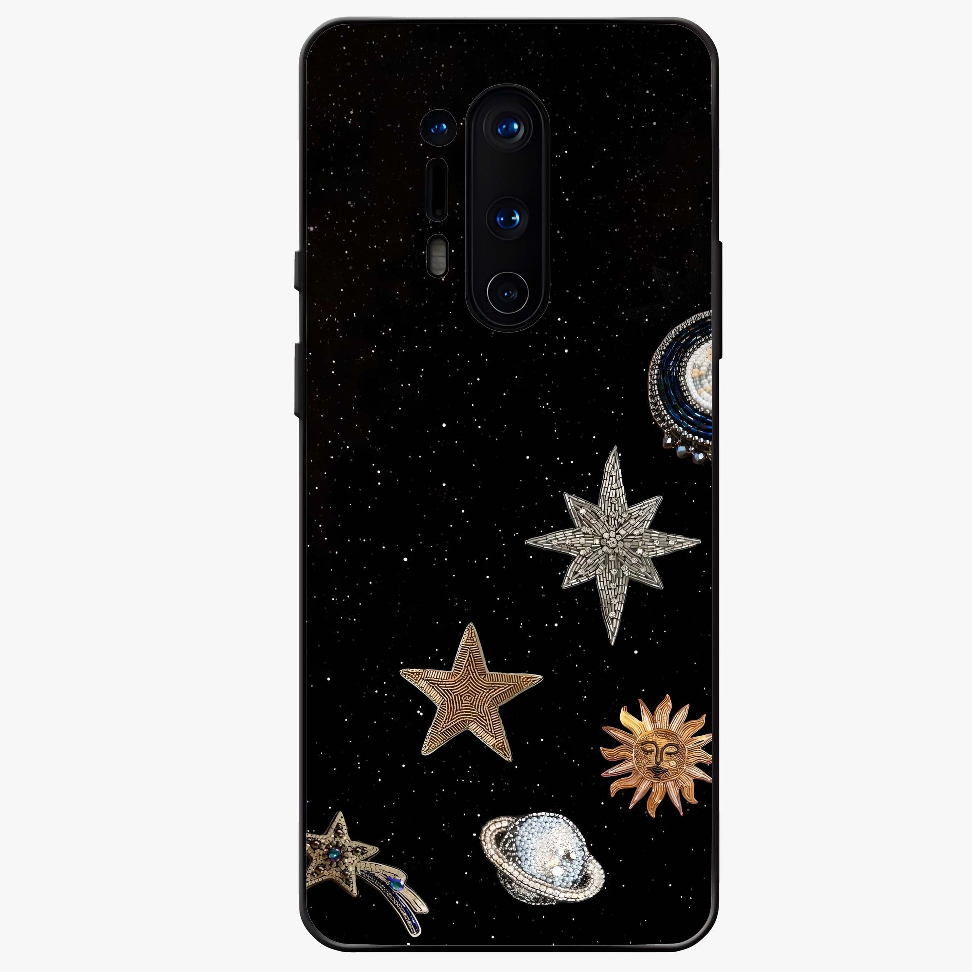 Galactic Charm Glow Glass Case showing flat back view with glowing celestial charm artwork and glossy glass finish.
