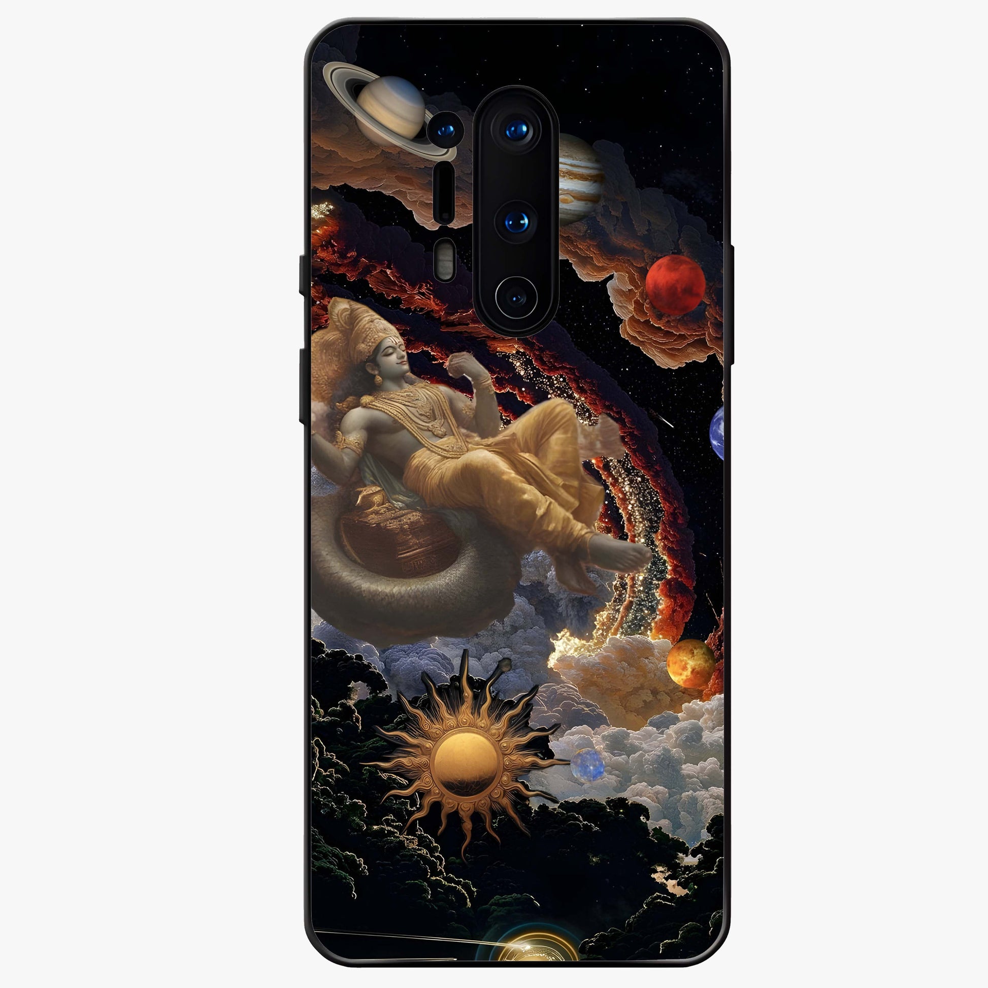 Galactic Divine God Glass Case showing flat back view with divine cosmic themed artwork and glossy glass finish.