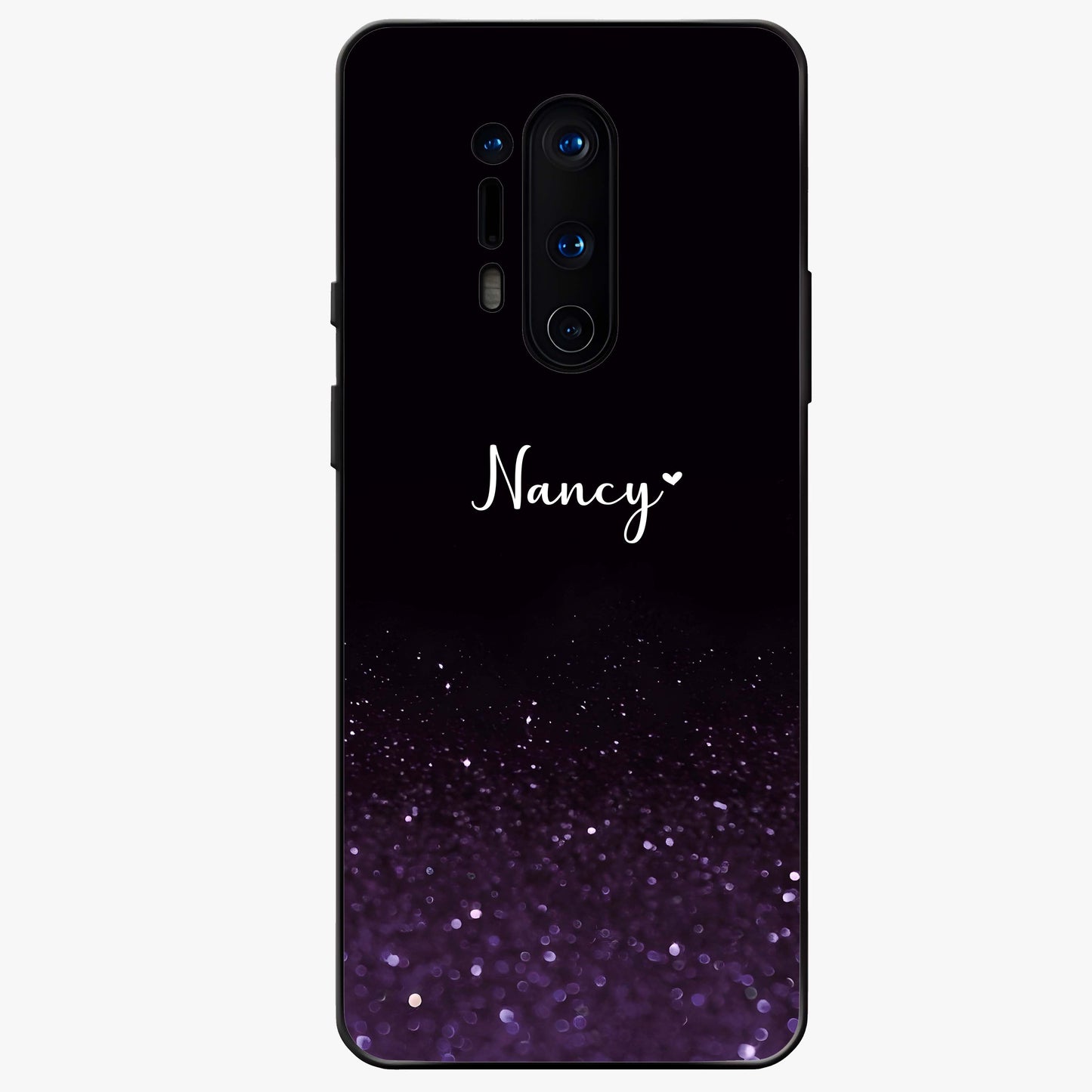 Glittery Purple Bokeh Custom Name Glass Case showing flat back view with purple bokeh sparkle artwork and personalized name design.