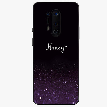 Glittery Purple Bokeh Custom Name Glass Case showing flat back view with purple bokeh sparkle artwork and personalized name design.