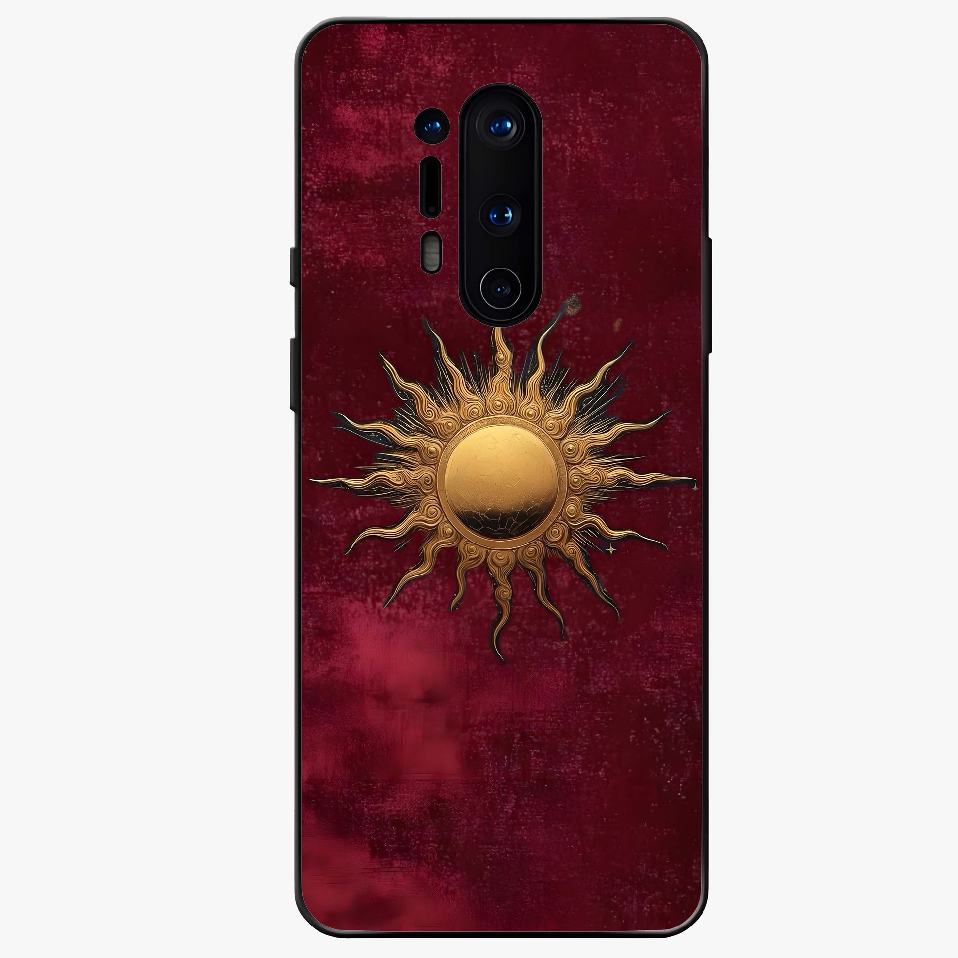 Gold Sun Blush Glass Case showing flat back view with golden sun inspired artwork and glossy glass finish.