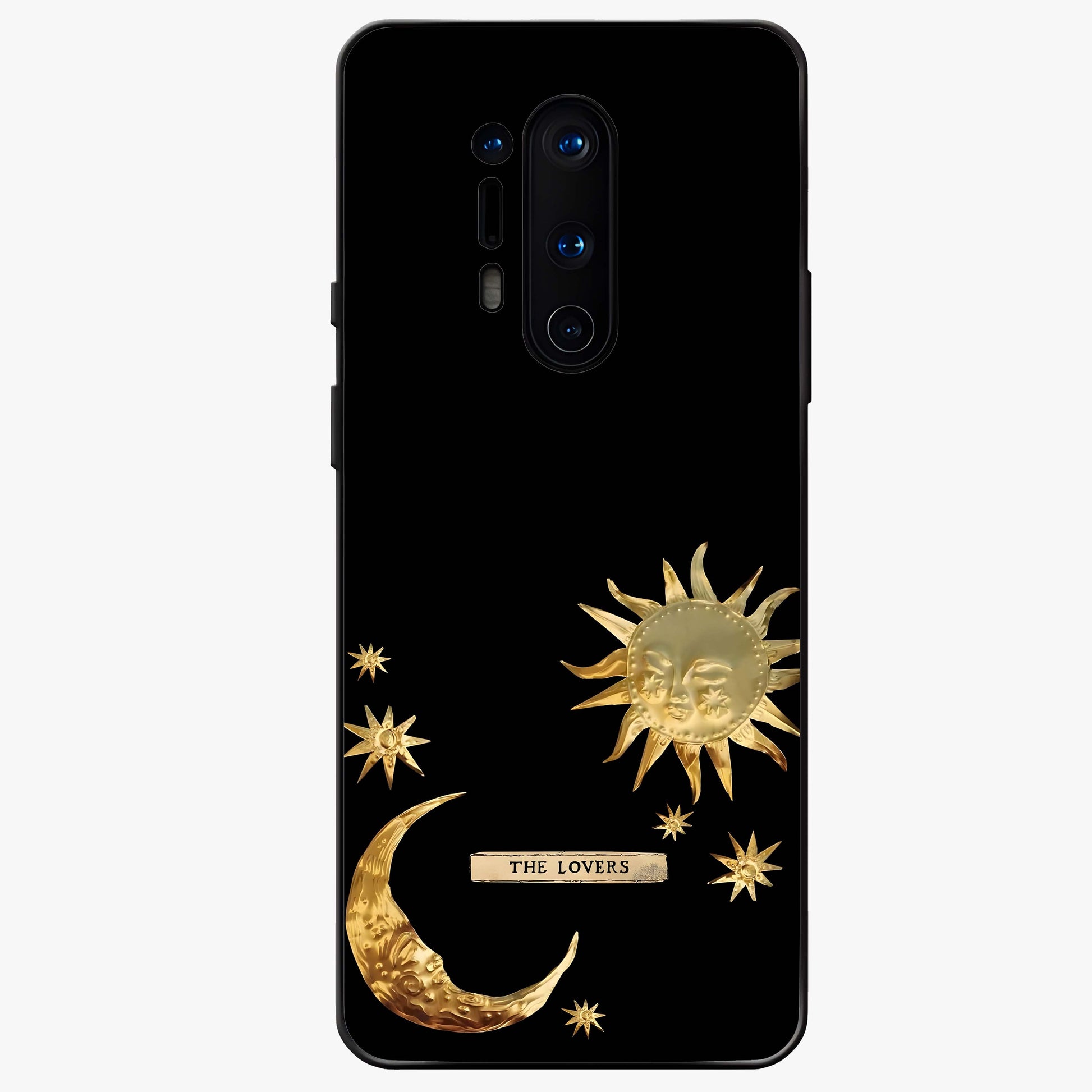 Golden Celestial Charm Glass Case showing flat back view with golden celestial charm artwork and glossy glass finish.