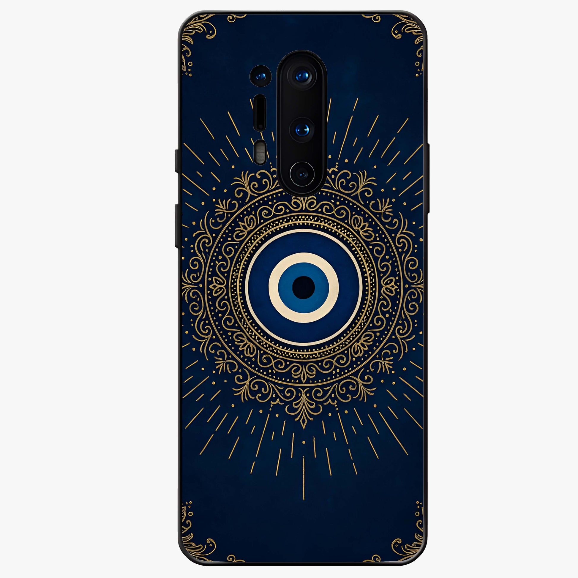 Golden Evil Eye Mandala Glass Case showing flat back view with intricate evil eye mandala artwork and glossy glass finish.