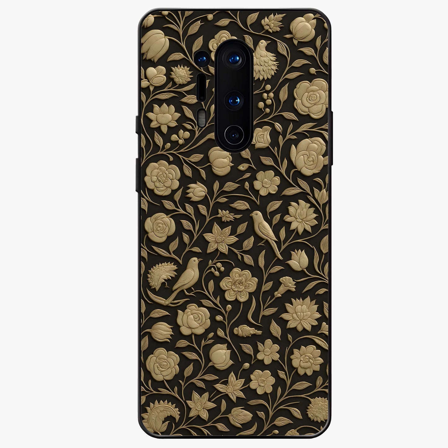 Golden Floral Majesty Glass Case showing flat back view with luxurious golden floral artwork and glossy glass finish.