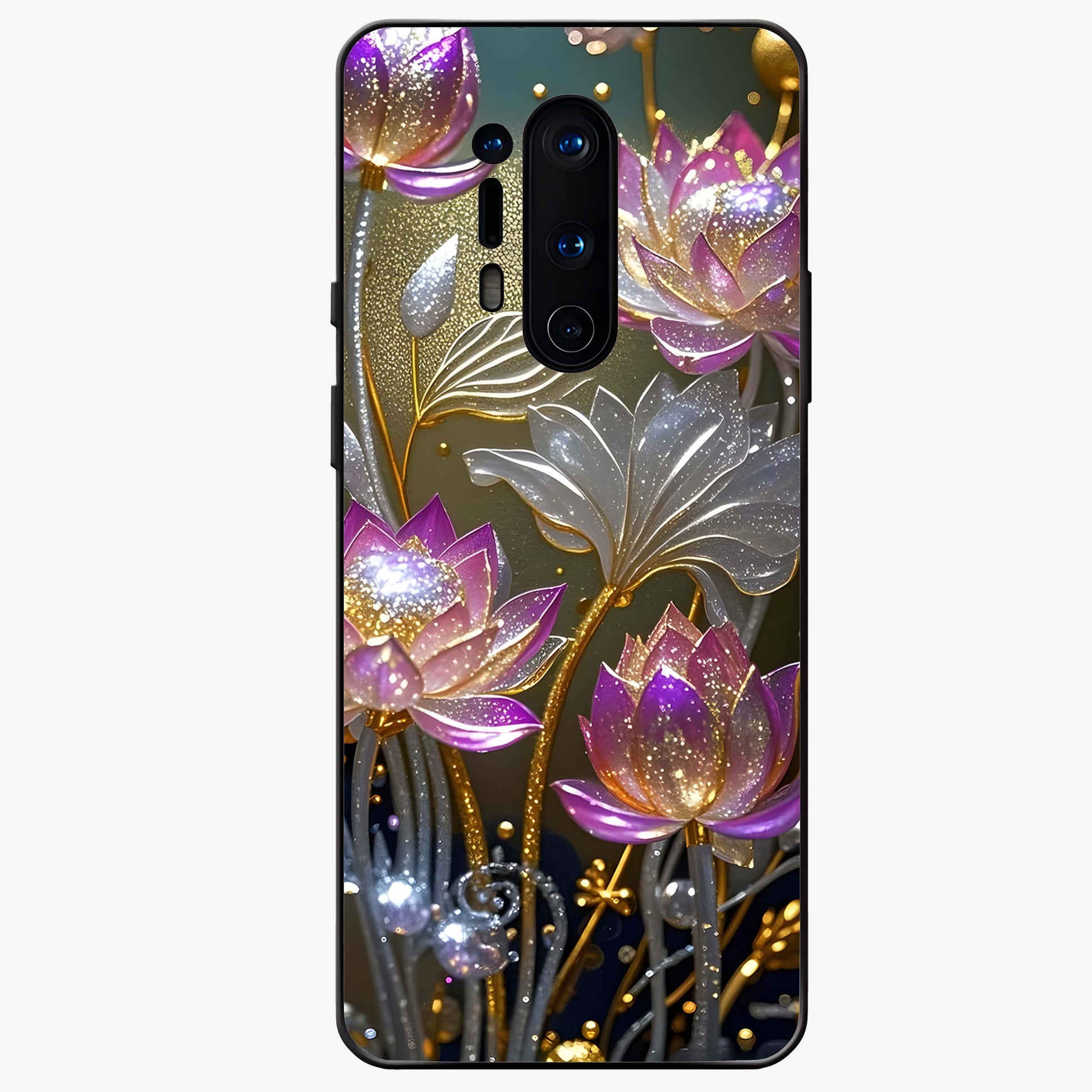 Golden Lotus Glow Glass Case showing flat back view with glowing lotus flower artwork and glossy glass finish.
